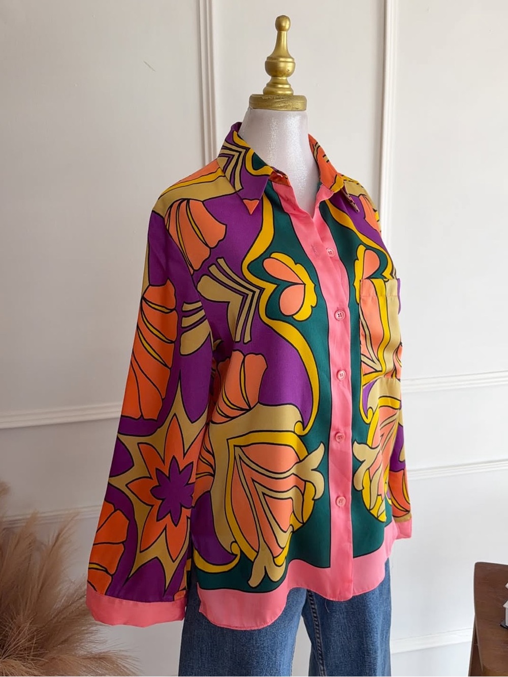 Zara NWT satin Vibrant Floral Print Button-Down Shirt in Purple, Orange & Yellow - Picture 2 of 9